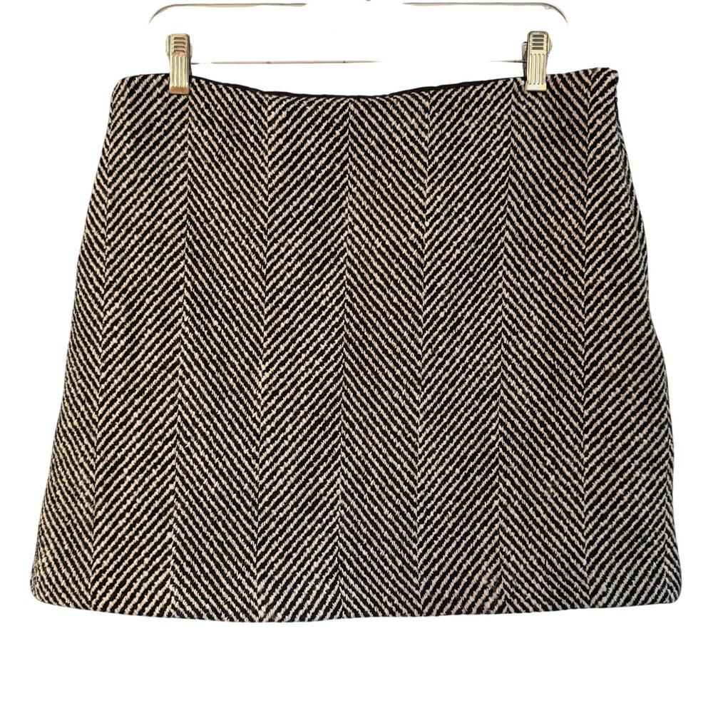 LOFT Herringbone Wool Blend Mini Skirt Black White Tweed A-Line Size 12 Lined
